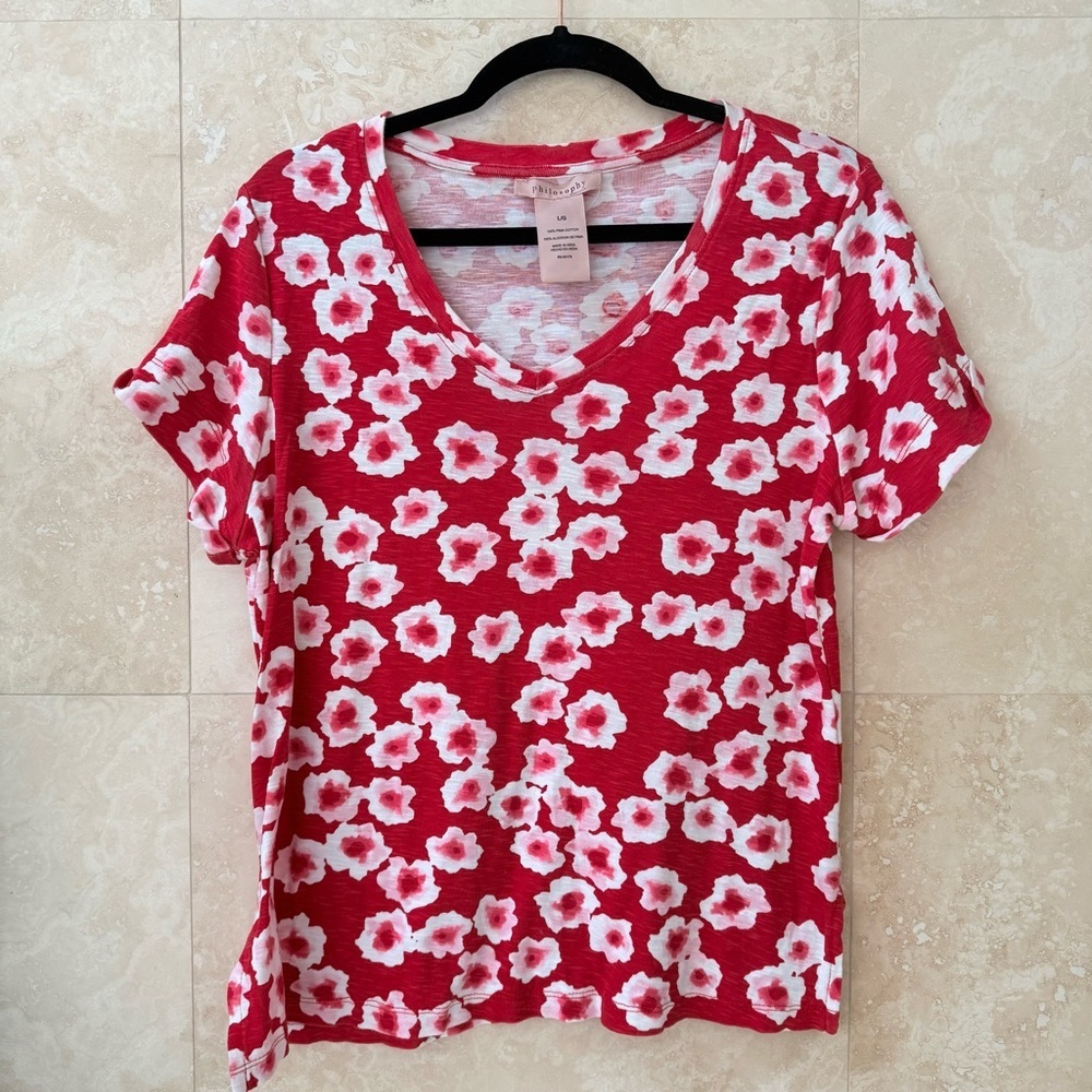 Philosophy 100% Pima Cotton Floral Tee Red Pink Flowers V-Neck Short Sleeve LG